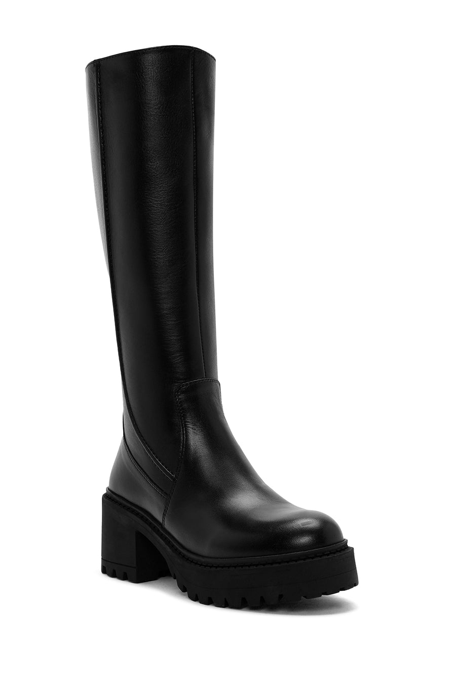 Woman Black Zippered Chunky Heels Leather Boot