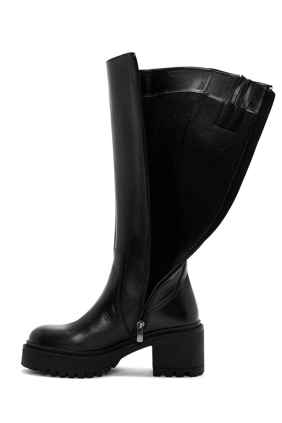 Woman Black Zippered Chunky Heels Leather Boot