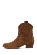 Women's Camel Short Thick Heel Suede Leather Cowboy Boot | Derimod