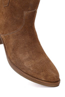 Women's Camel Short Thick Heel Suede Leather Cowboy Boot | Derimod