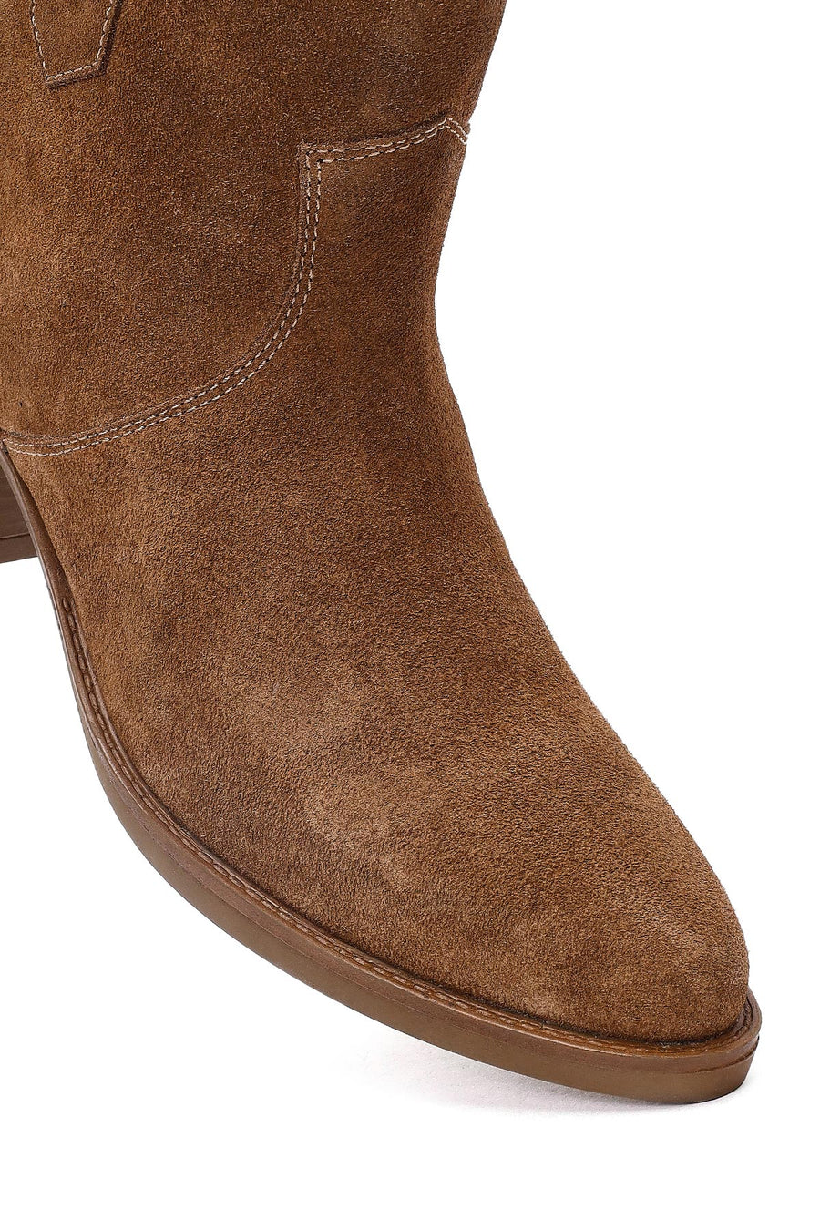 Women's Camel Short Thick Heel Suede Leather Cowboy Boot