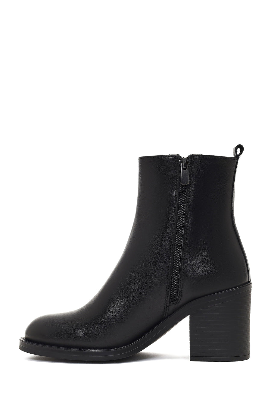 Women's Black Zippered Thick Heeled Leather Boot