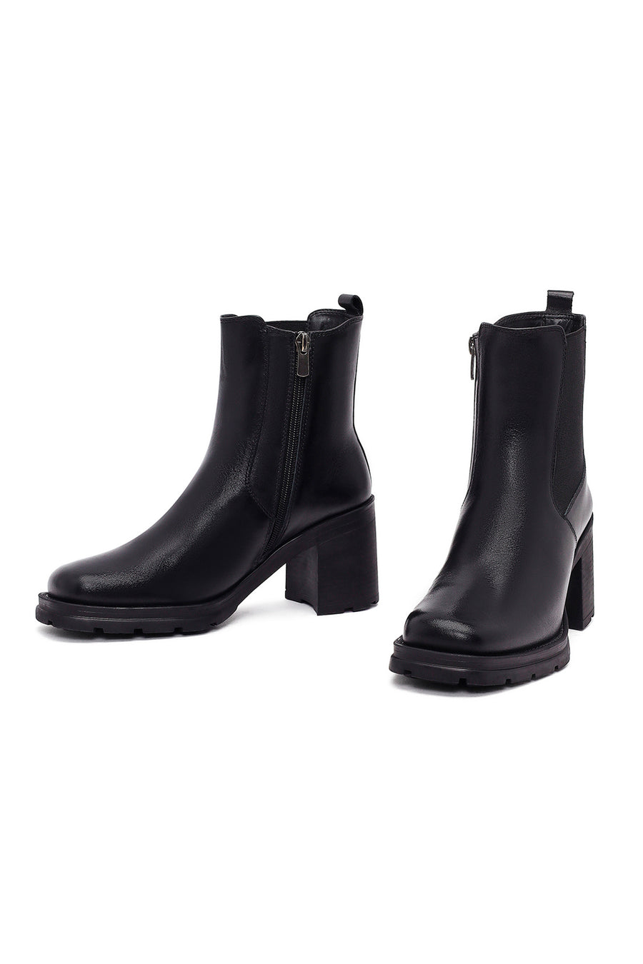 Women's Black Zippered Thick Heeled Leather Boot