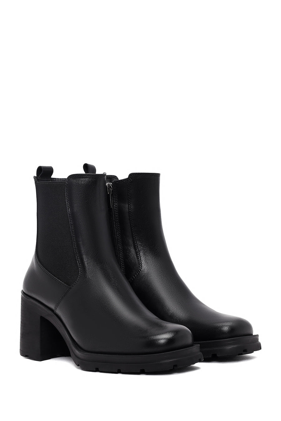 Women's Black Zippered Thick Heeled Leather Boot