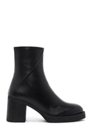 Women's Black Zippered Thick Heeled Leather Boot | Derimod
