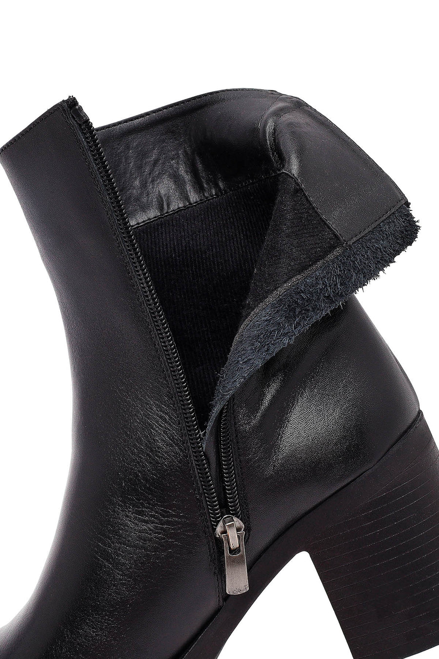 Women's Black Zippered Thick Heeled Leather Boot