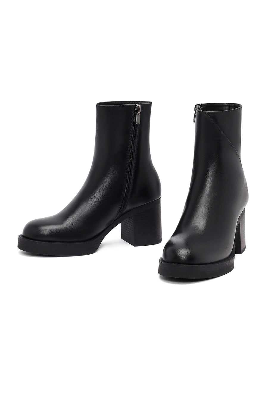 Women's Black Zippered Thick Heeled Leather Boot