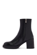 Women's Black Zippered Thick Heeled Leather Boot | Derimod