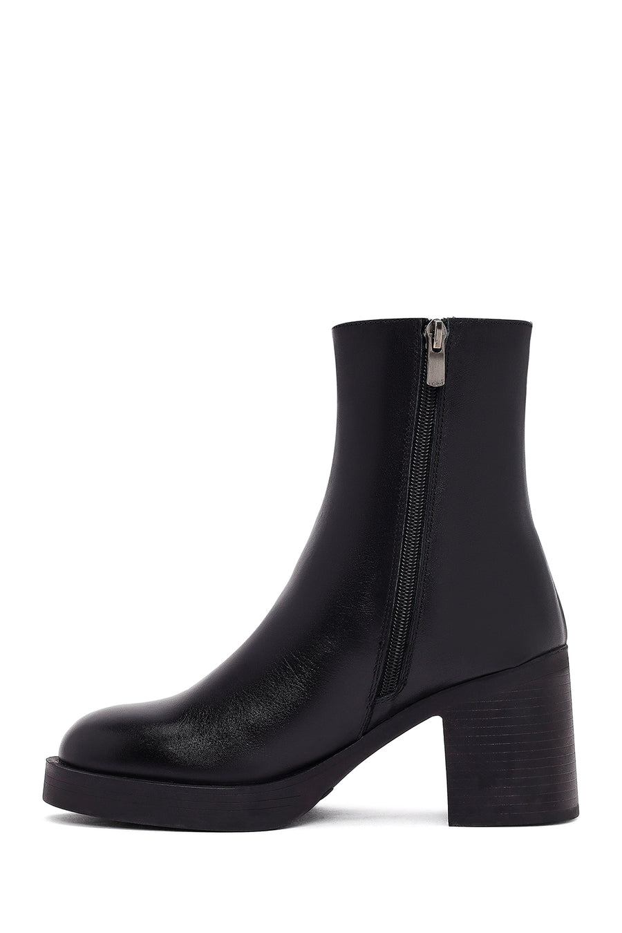 Women's Black Zippered Thick Heeled Leather Boot