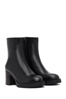 Women's Black Zippered Thick Heeled Leather Boot | Derimod
