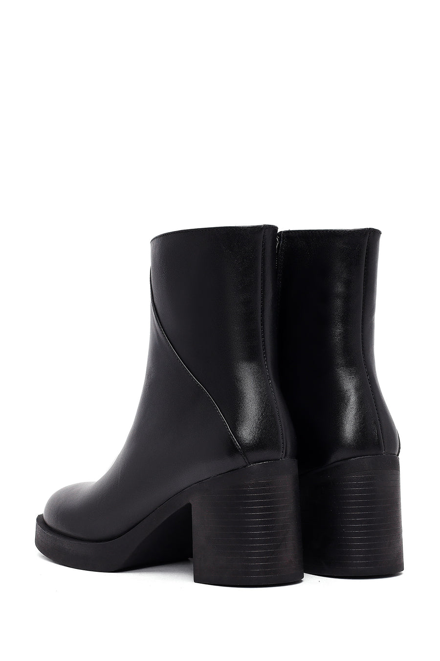 Women's Black Zippered Thick Heeled Leather Boot