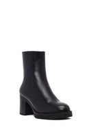 Women's Black Zippered Thick Heeled Leather Boot | Derimod