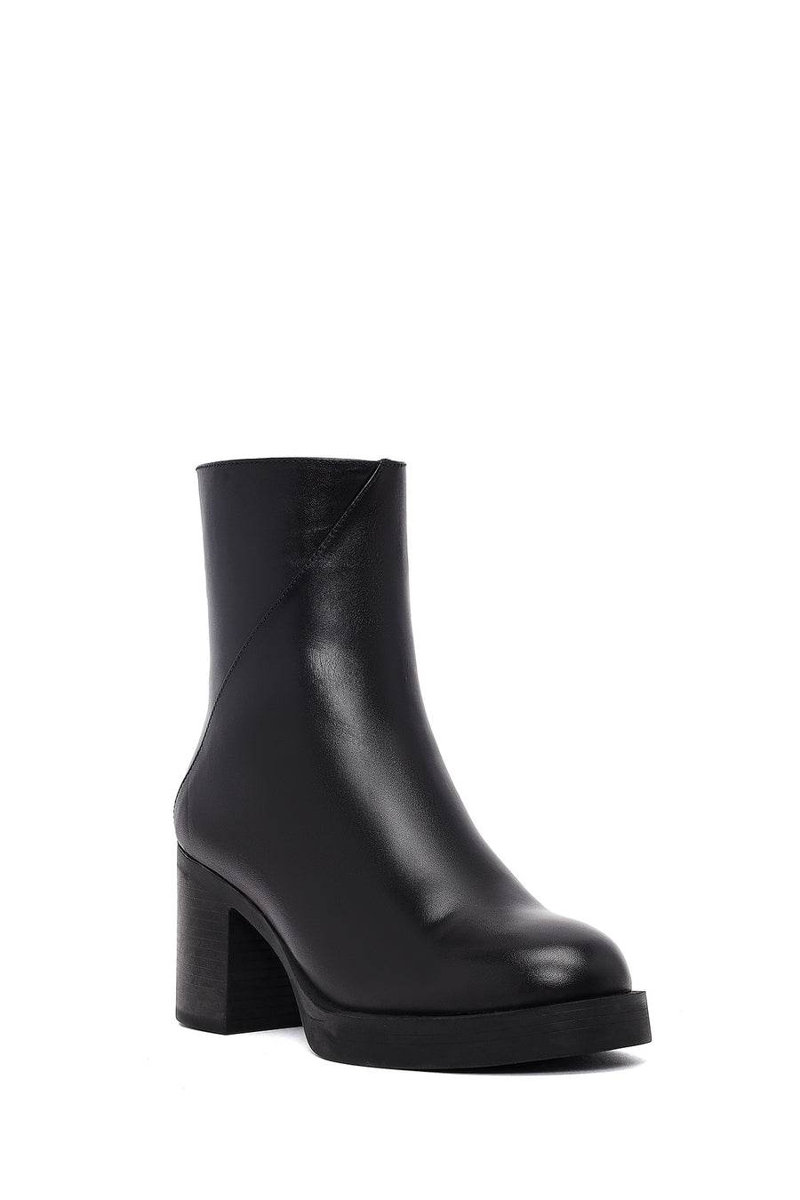 Women's Black Zippered Thick Heeled Leather Boot
