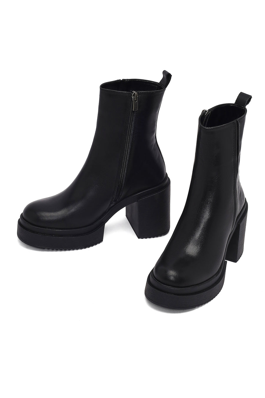 Women's Black Zip-Up Platform High Heel Leather Boots