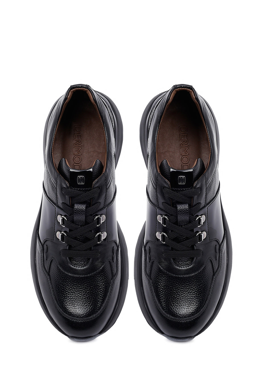 Erkek Siyah Bağcıklı Kalın Tabanlı Deri Casual Sneaker
