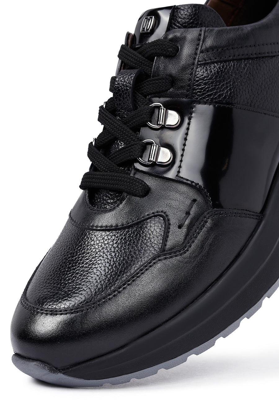 Erkek Siyah Bağcıklı Kalın Tabanlı Deri Casual Sneaker