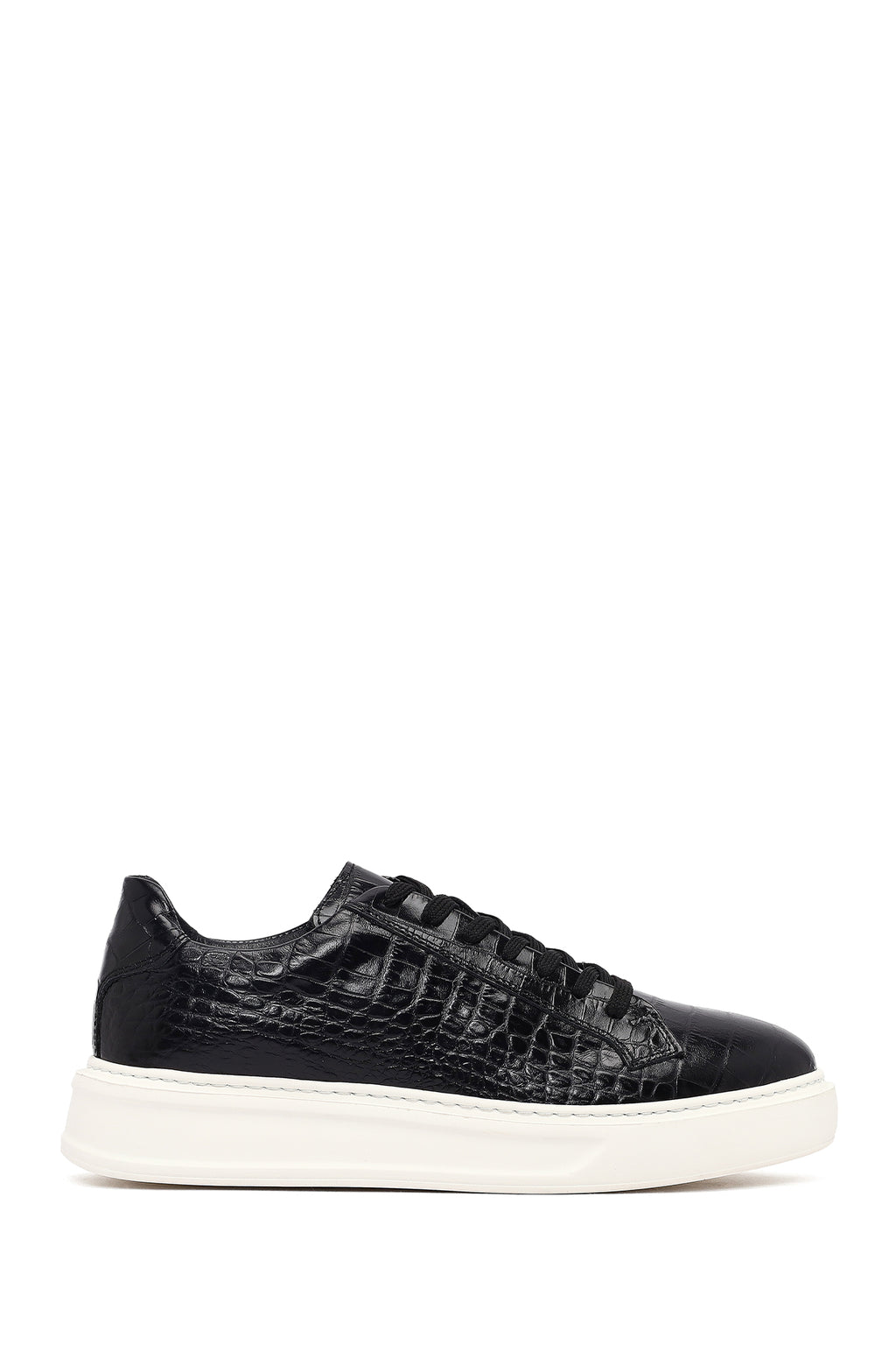 Erkek Siyah Kroko Bağcıklı Deri Sneaker