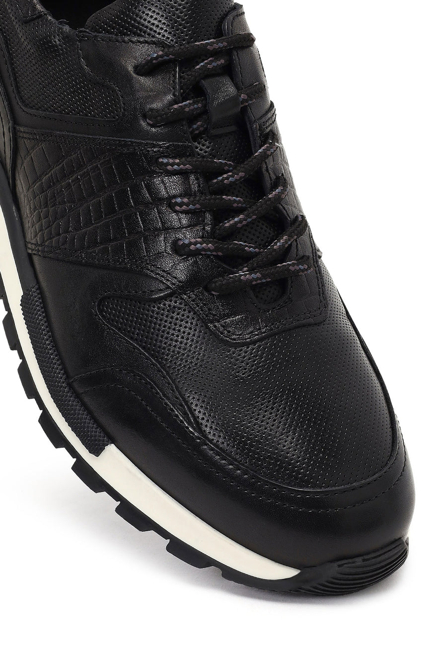 Erkek Siyah Bağcıklı Deri Casual Sneaker