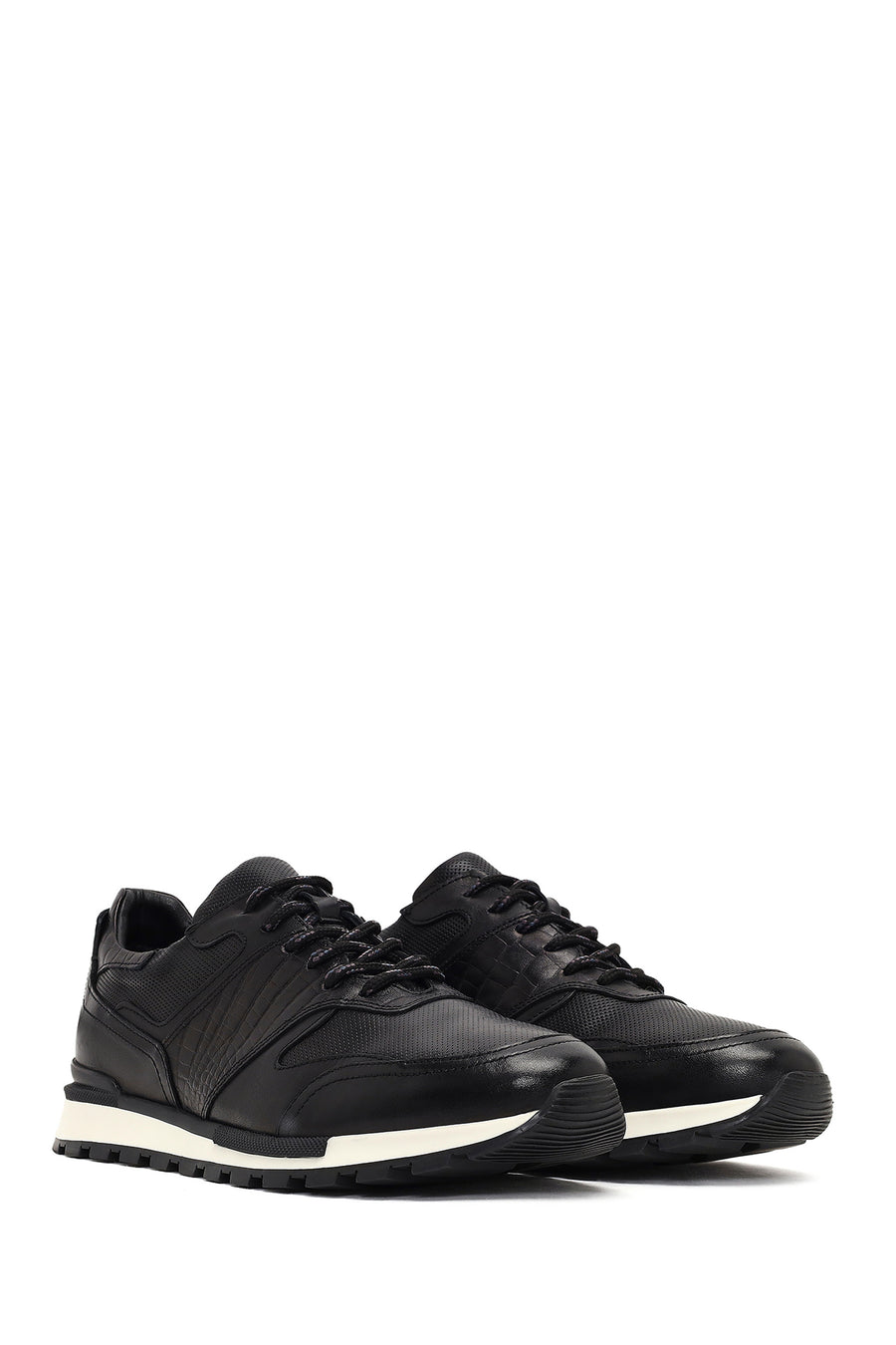 Erkek Siyah Bağcıklı Deri Casual Sneaker