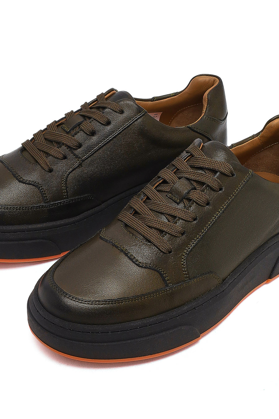 Erkek Haki Bağcıklı Kalın Tabanlı Deri Sneaker