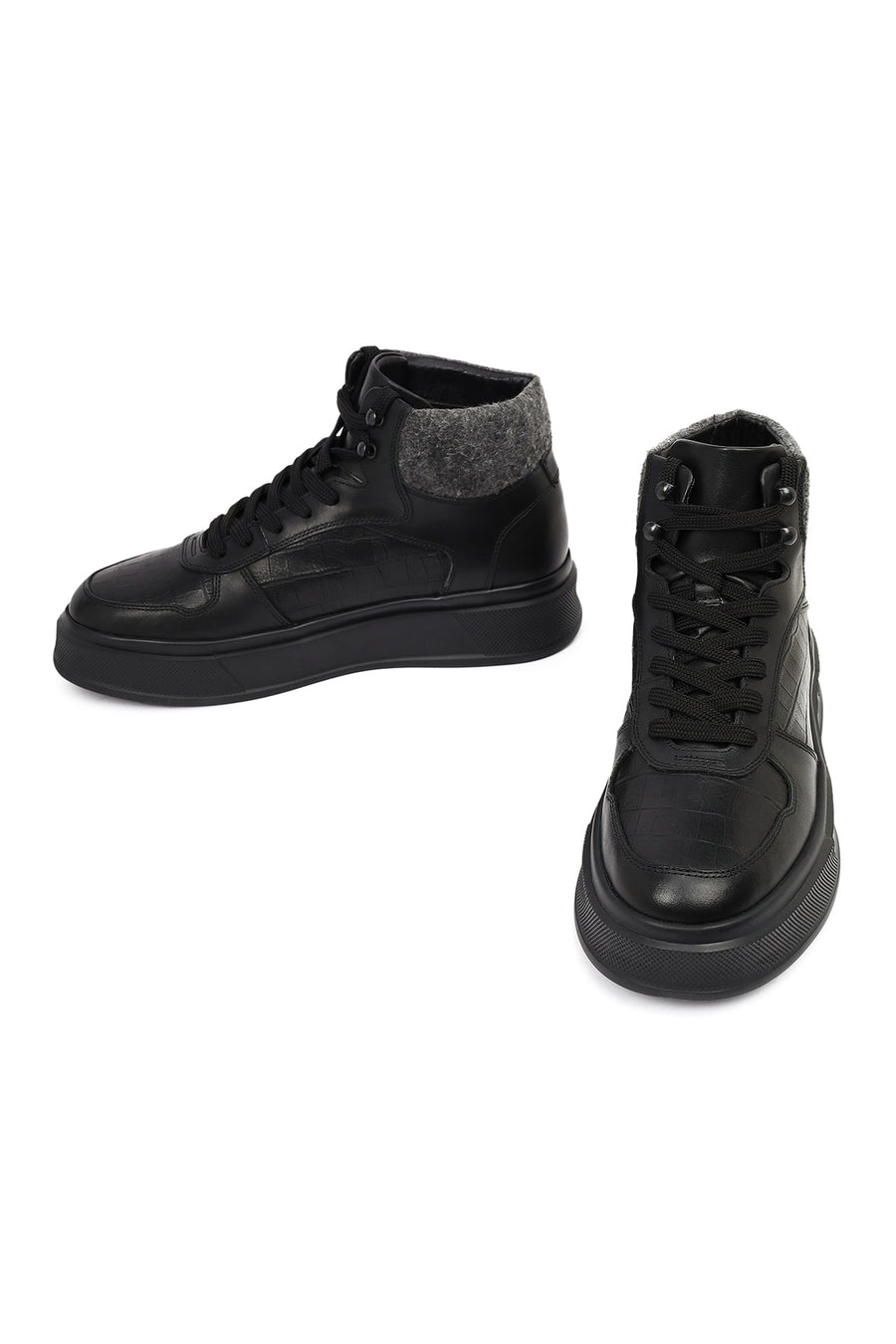 Men's Black Lace-Up Thick-Sole Leather Sport Boots