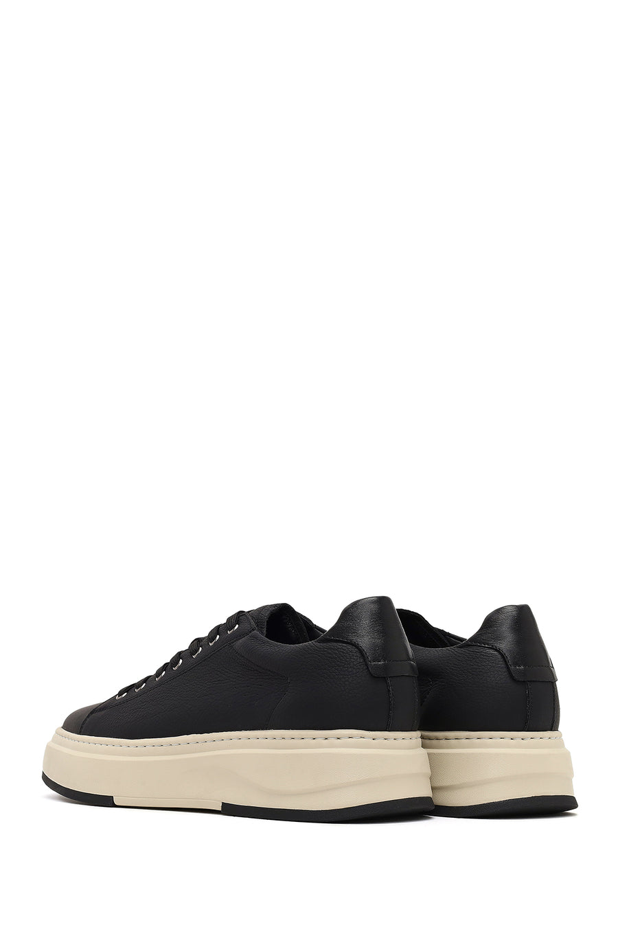Erkek Siyah Bağcıklı Kalın Tabanlı Deri Sneaker