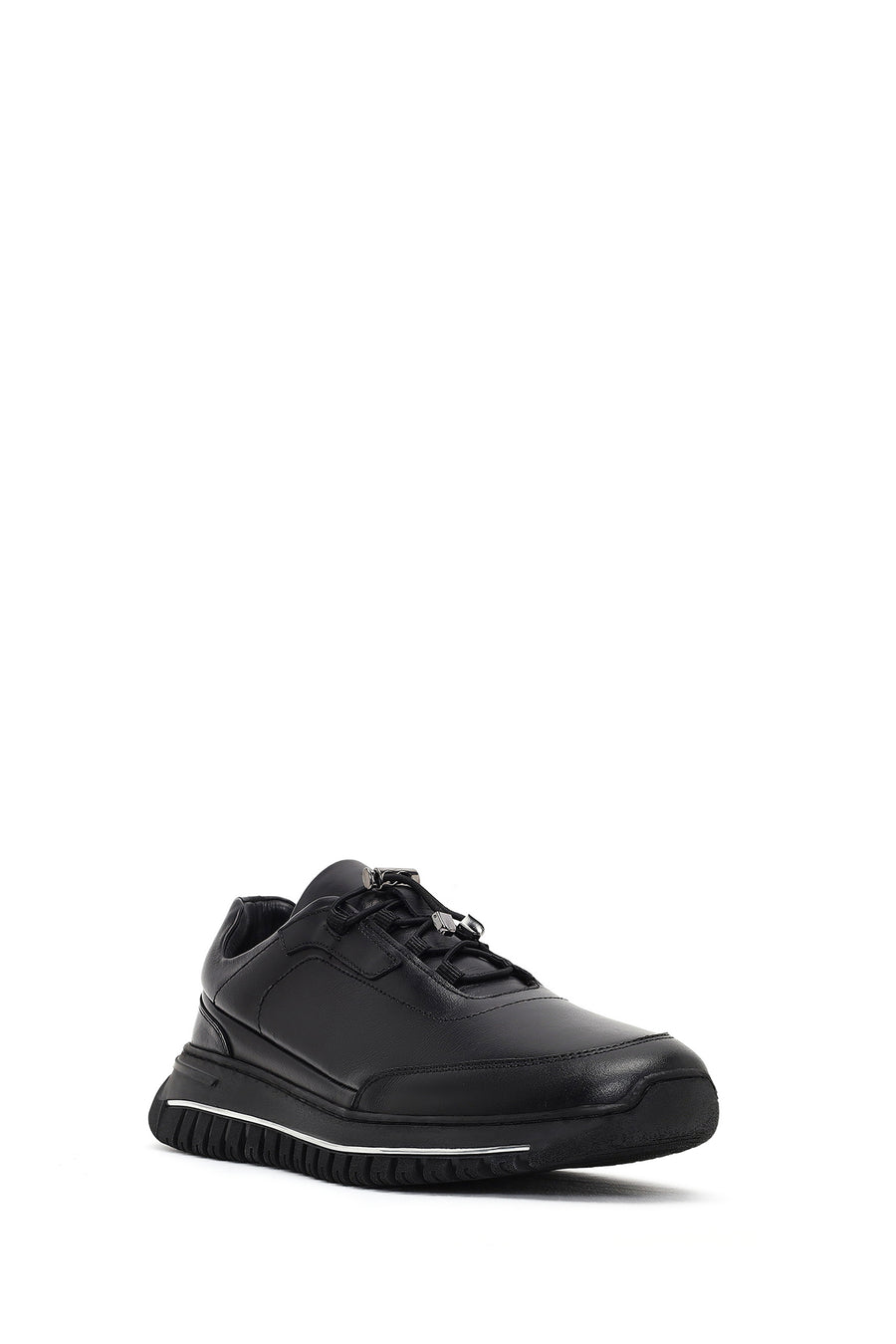 Erkek Siyah Bağcıklı Kalın Tabanlı Deri Casual Sneaker