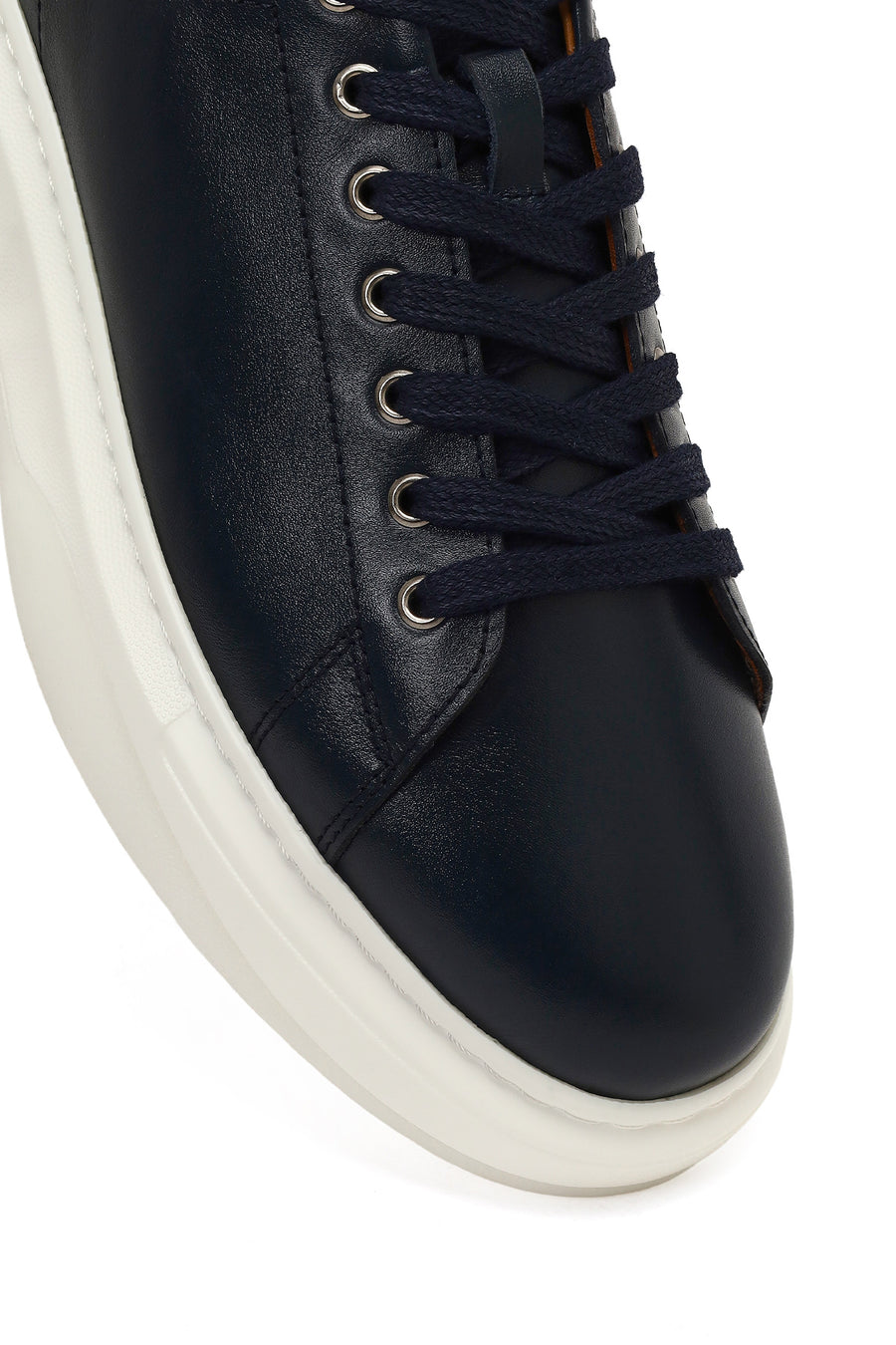 Erkek Lacivert Bağcıklı Kalın Tabanlı Deri Sneaker