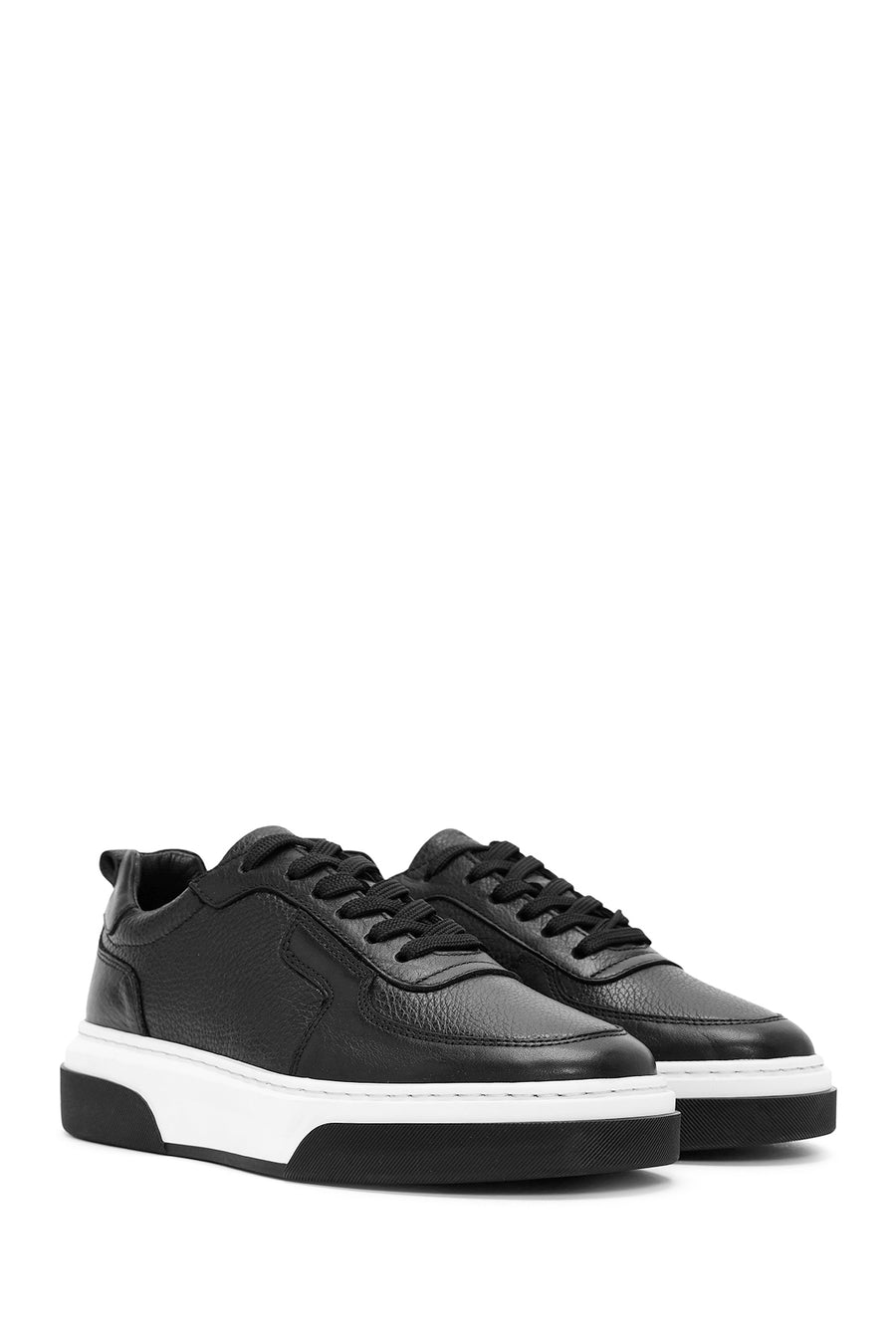 Erkek Siyah Bağcıklı Kalın Tabanlı Deri Sneaker