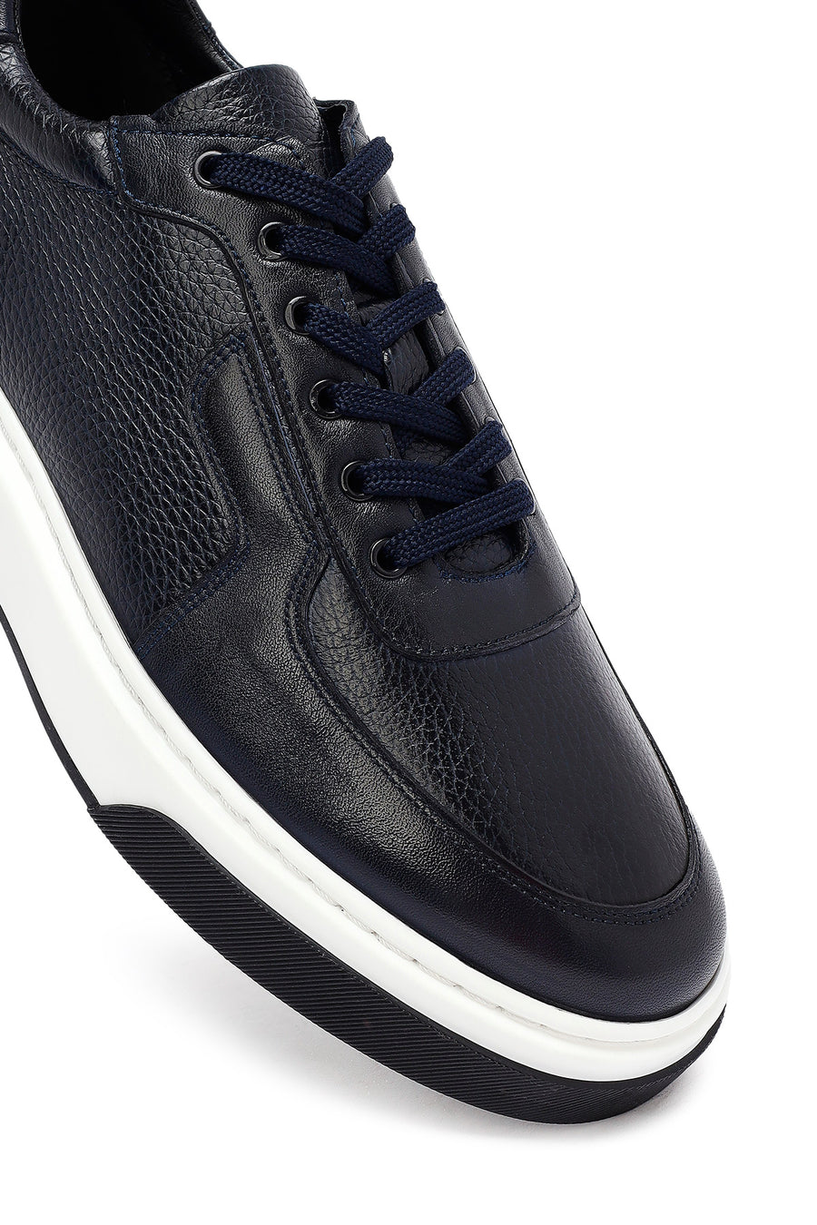 Erkek Lacivert Bağcıklı Kalın Tabanlı Deri Sneaker