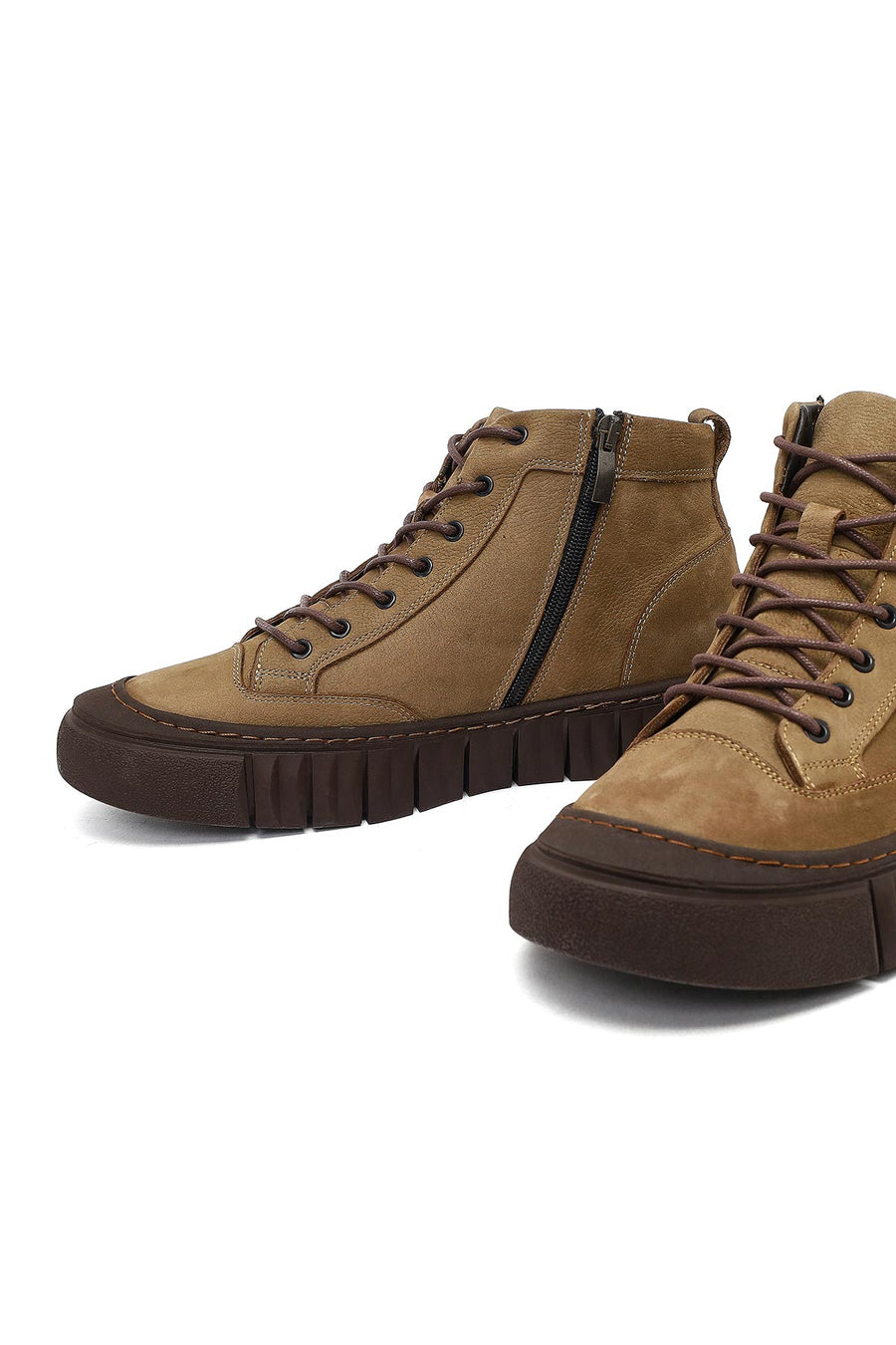 Men's Beige Zippered Lace-Up Nubuck Leather Ankle Boots