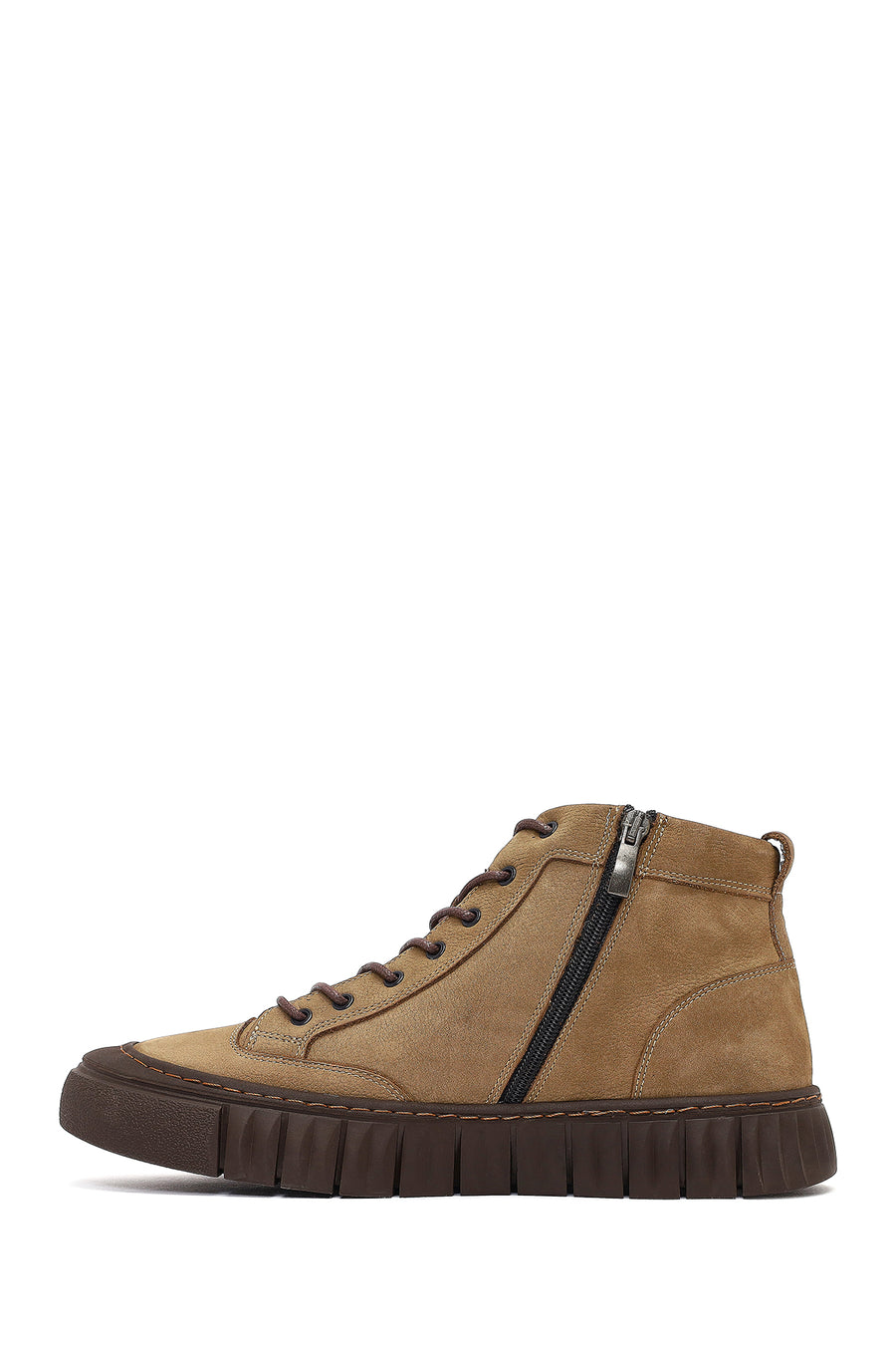 Men's Beige Zippered Lace-Up Nubuck Leather Ankle Boots