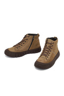 Men's Beige Zippered Lace-Up Nubuck Leather Ankle Boots | Derimod