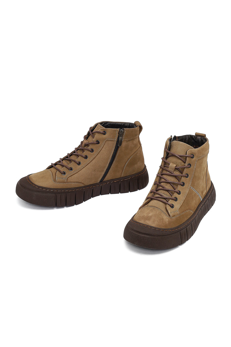 Men's Beige Zippered Lace-Up Nubuck Leather Ankle Boots