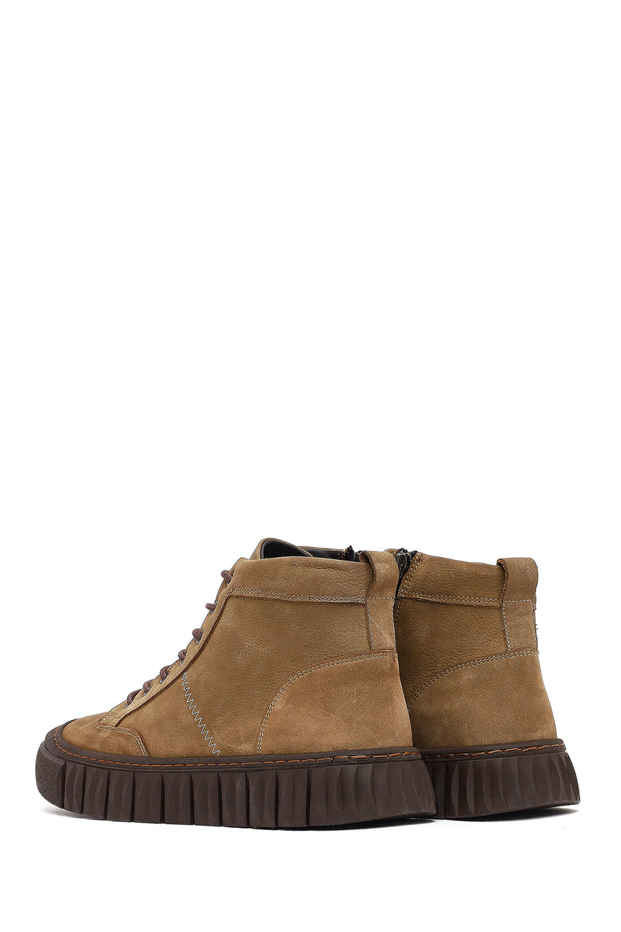 Men's Beige Zippered Lace-Up Nubuck Leather Ankle Boots