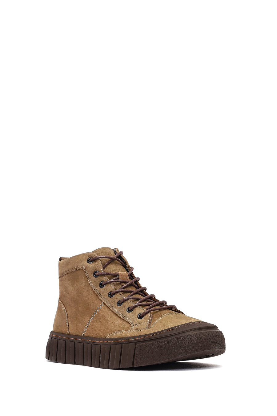 Men's Beige Zippered Lace-Up Nubuck Leather Ankle Boots