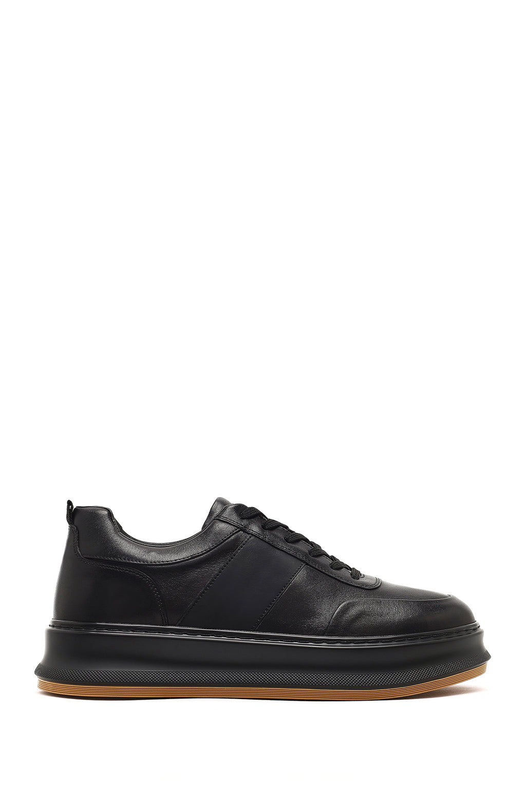 Erkek Siyah Bağcıklı Kalın Tabanlı Deri Sneaker