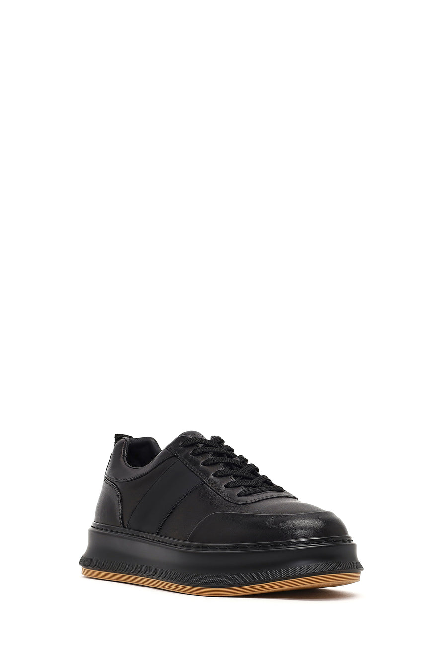 Erkek Siyah Bağcıklı Kalın Tabanlı Deri Sneaker
