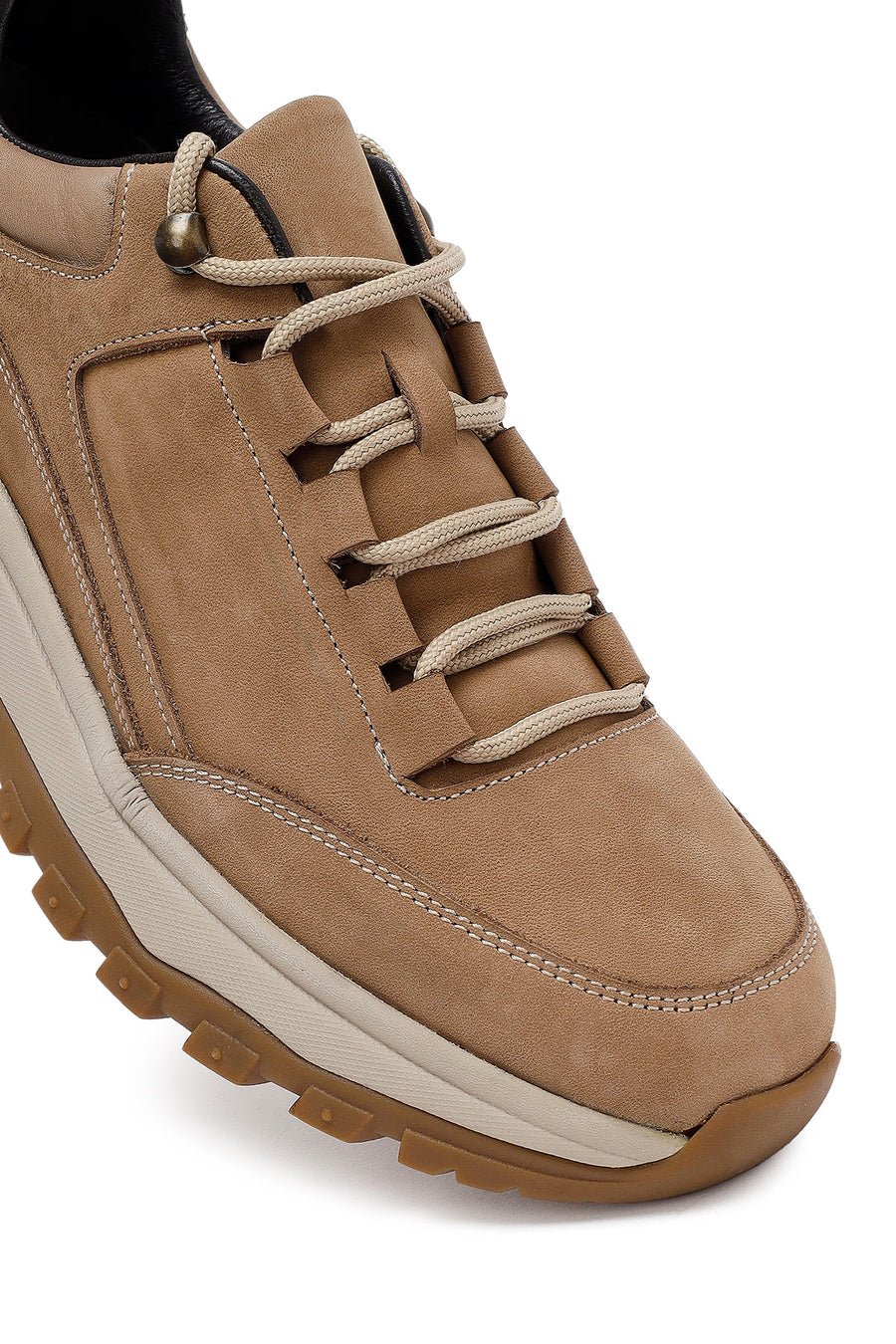 Erkek Bej Bağcıklı Kalın Tabanlı Nubuk Deri Casual Sneaker