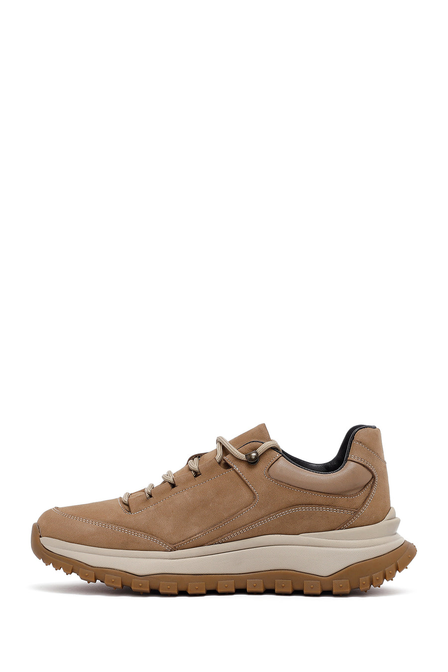Erkek Bej Bağcıklı Kalın Tabanlı Nubuk Deri Casual Sneaker
