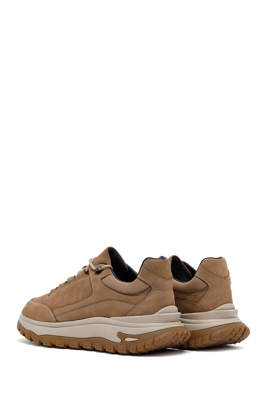 Erkek Bej Bağcıklı Kalın Tabanlı Nubuk Deri Casual Sneaker