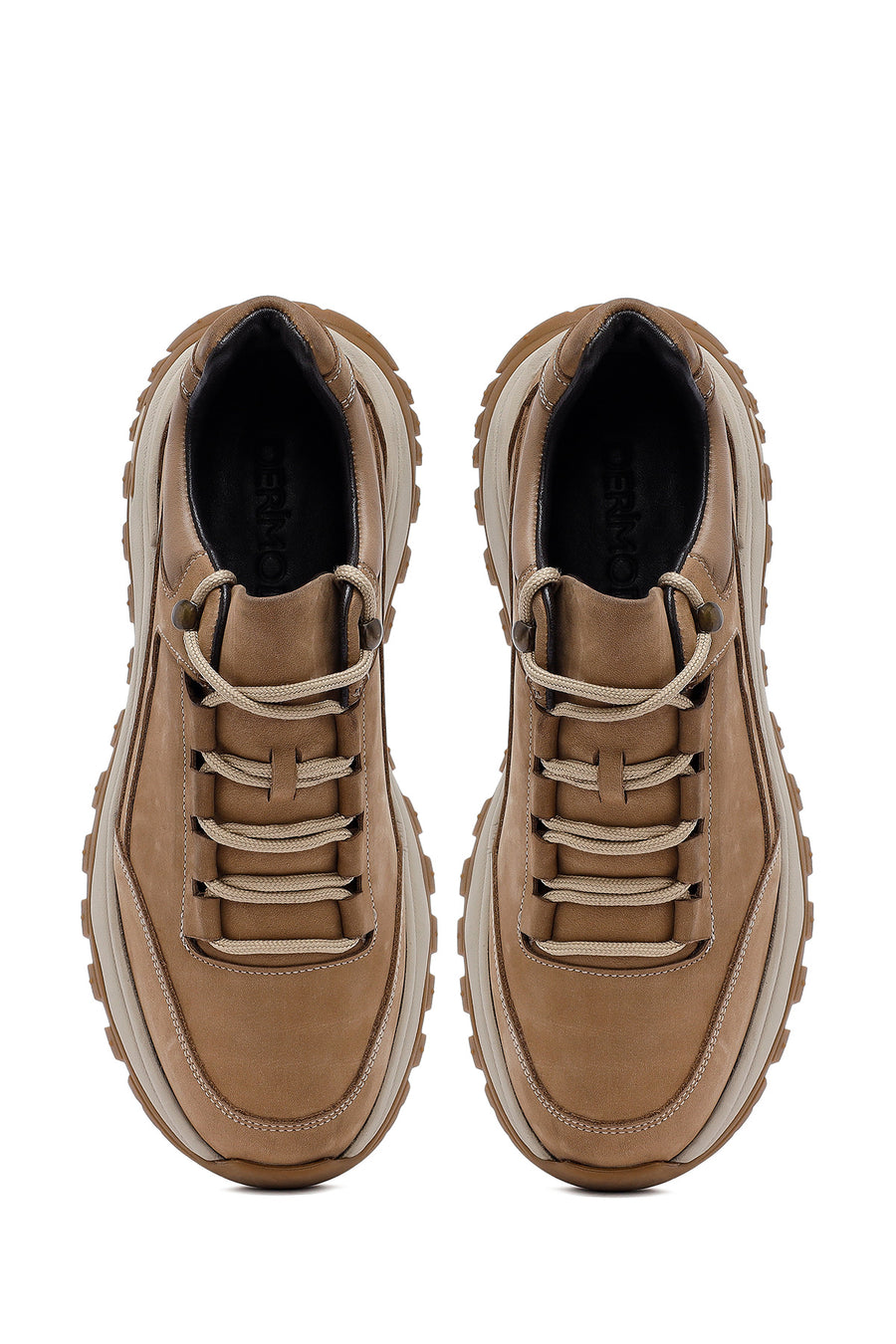 Erkek Bej Bağcıklı Kalın Tabanlı Nubuk Deri Casual Sneaker