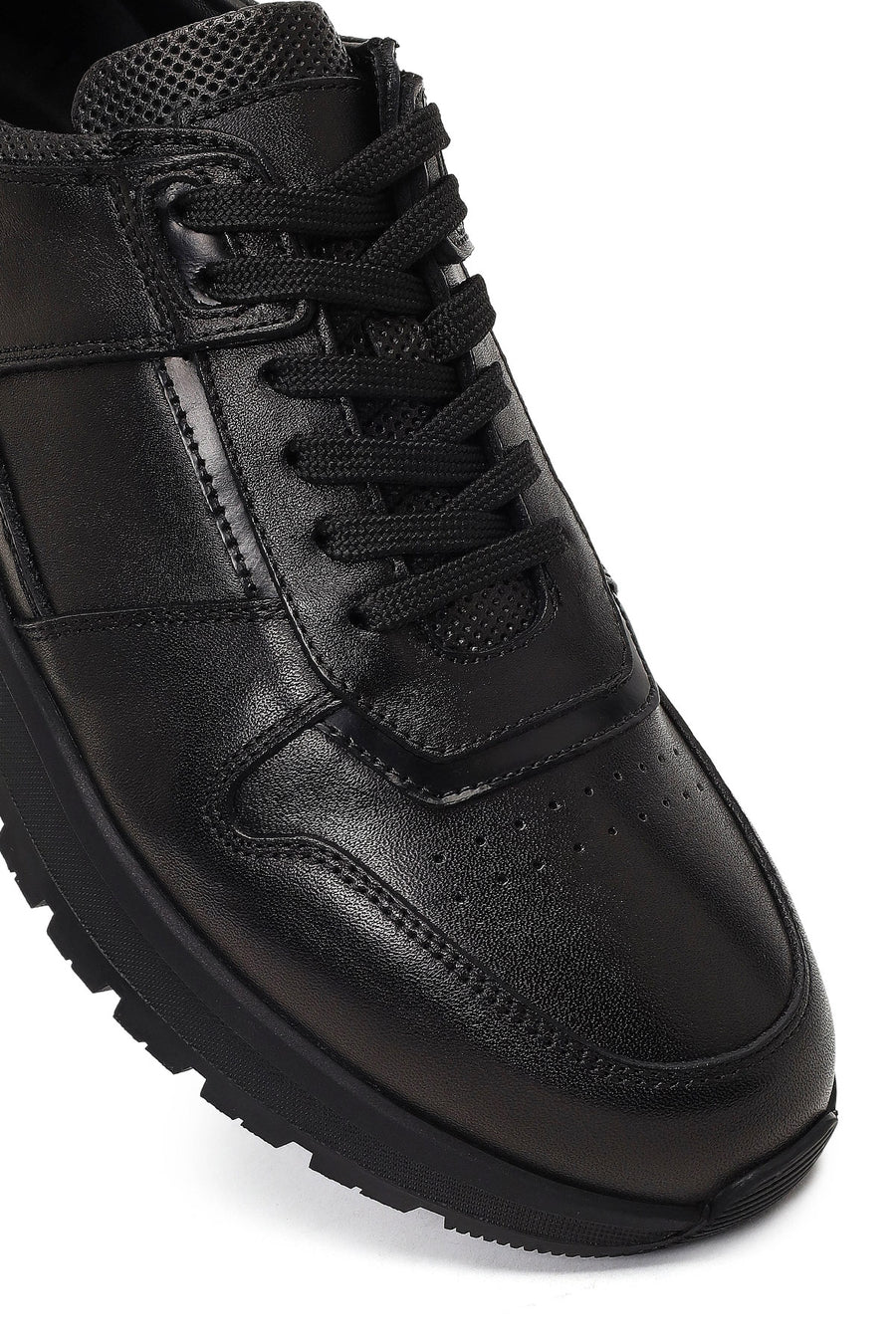 Erkek Siyah Bağcıklı Deri Casual Sneaker