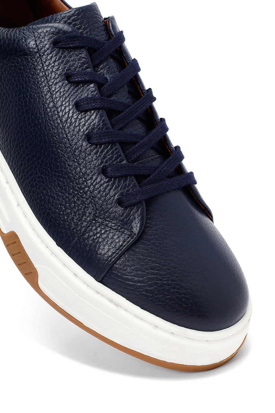 Erkek Lacivert Bağcıklı Kalın Tabanlı Deri Sneaker