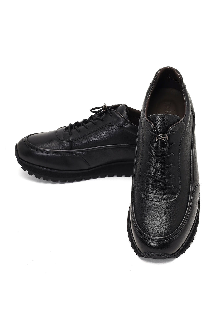 Men's Black Lace-Up Thick-Soled Leather Casual Sneaker