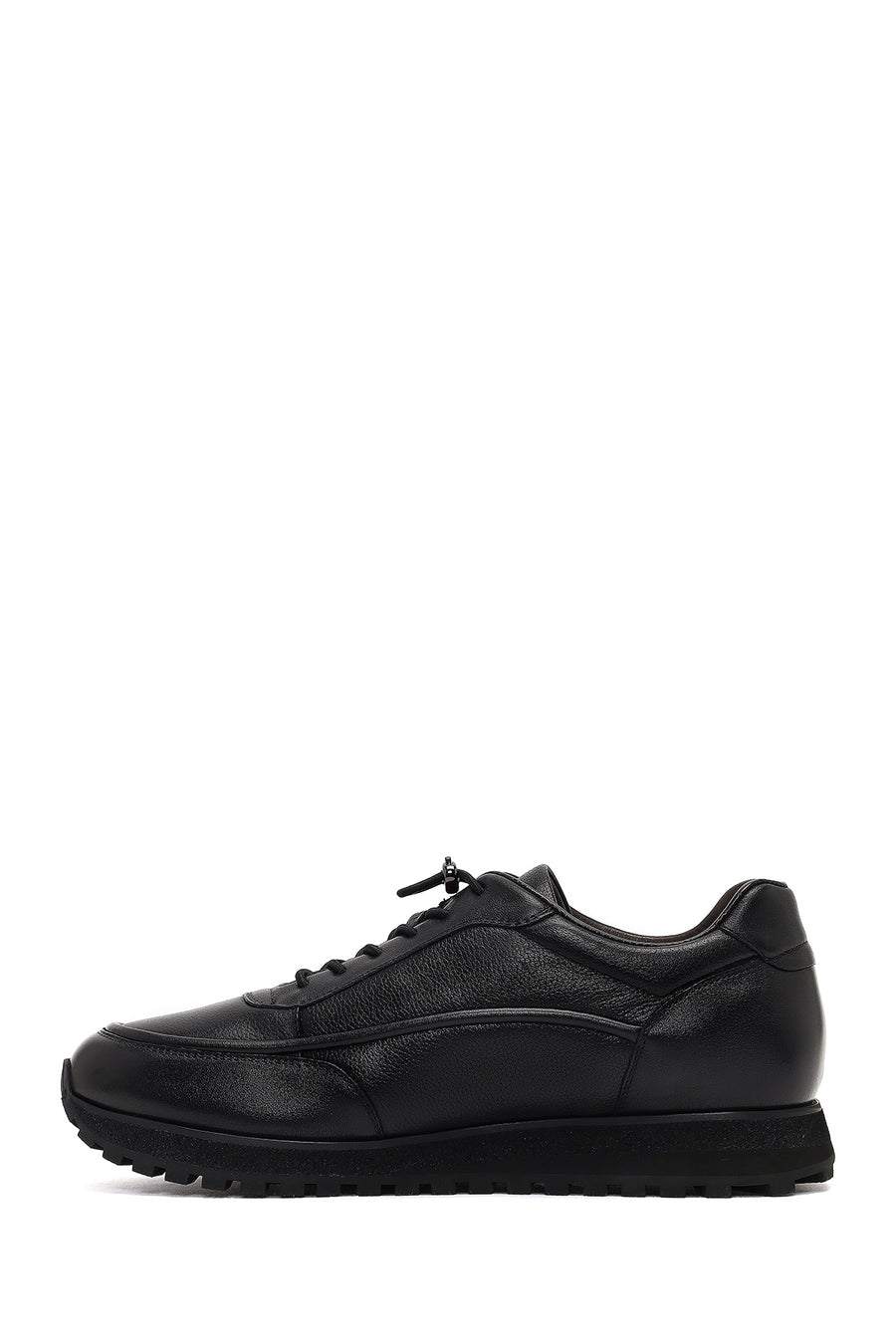 Men's Black Lace-Up Thick-Soled Leather Casual Sneaker