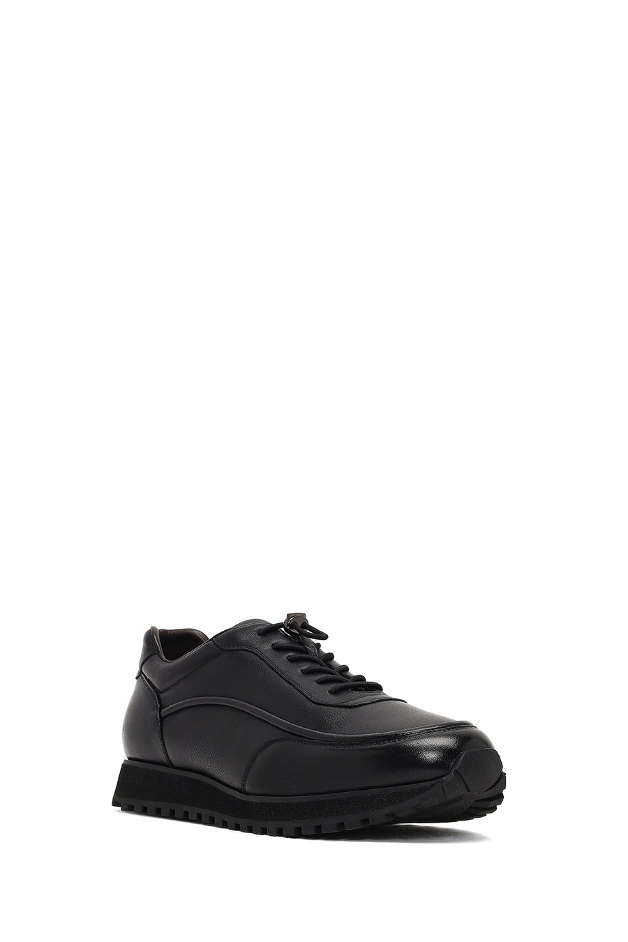 Men's Black Lace-Up Thick-Soled Leather Casual Sneaker