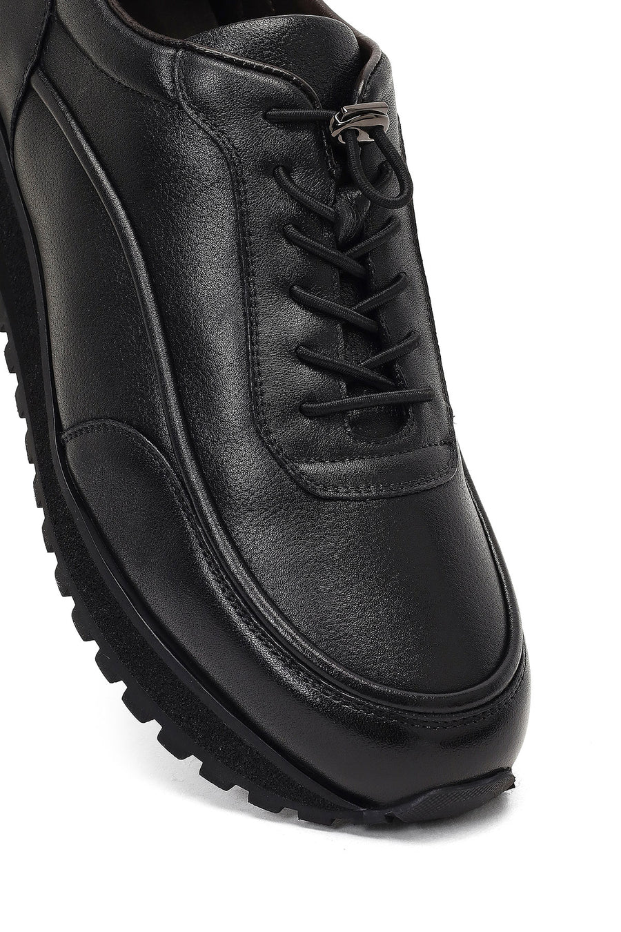 Men's Black Lace-Up Thick-Soled Leather Casual Sneaker