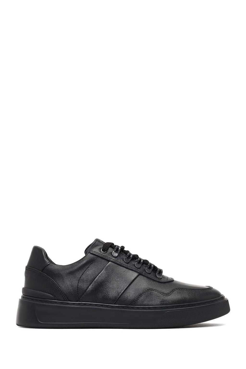 Erkek Siyah Bağcıklı Kalın Tabanlı Deri Sneaker