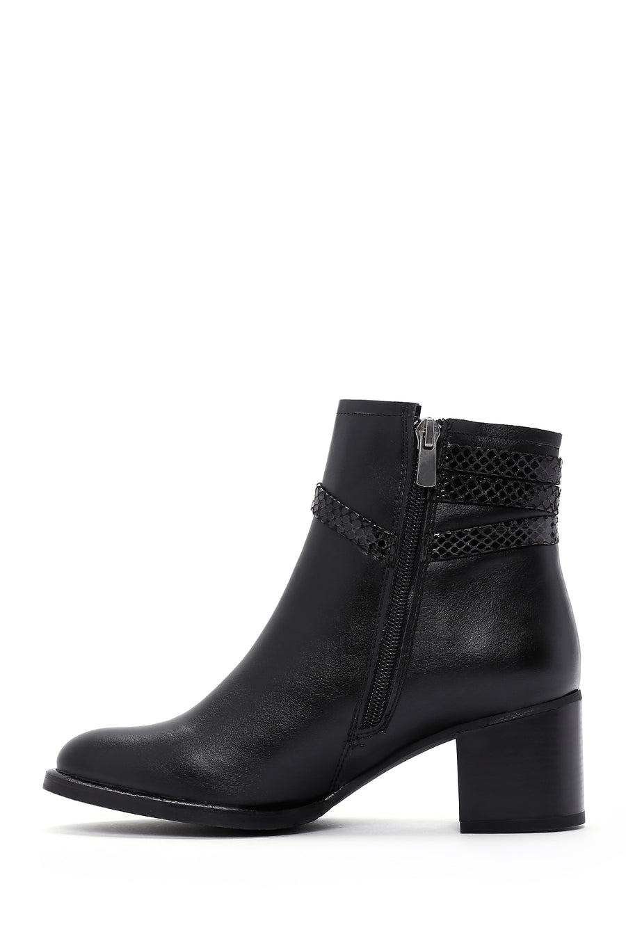 Woman Black Zippered Thick Heel Boots